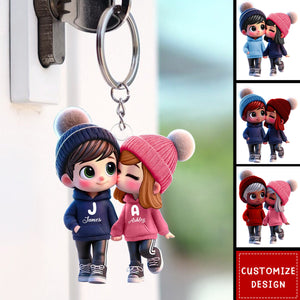 Cute Cartoon Couple Walking Personalized Acrylic Keychain-Gift For Couple