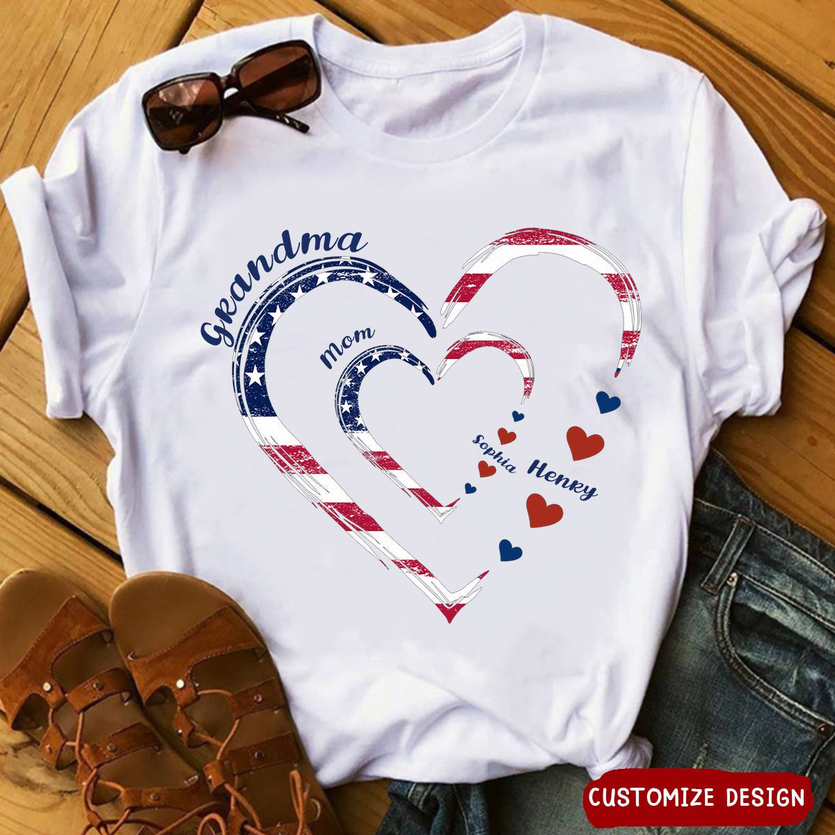 4th of July Grandma Mom Kids Heart to Heart Personalized 3D White T-Shirt