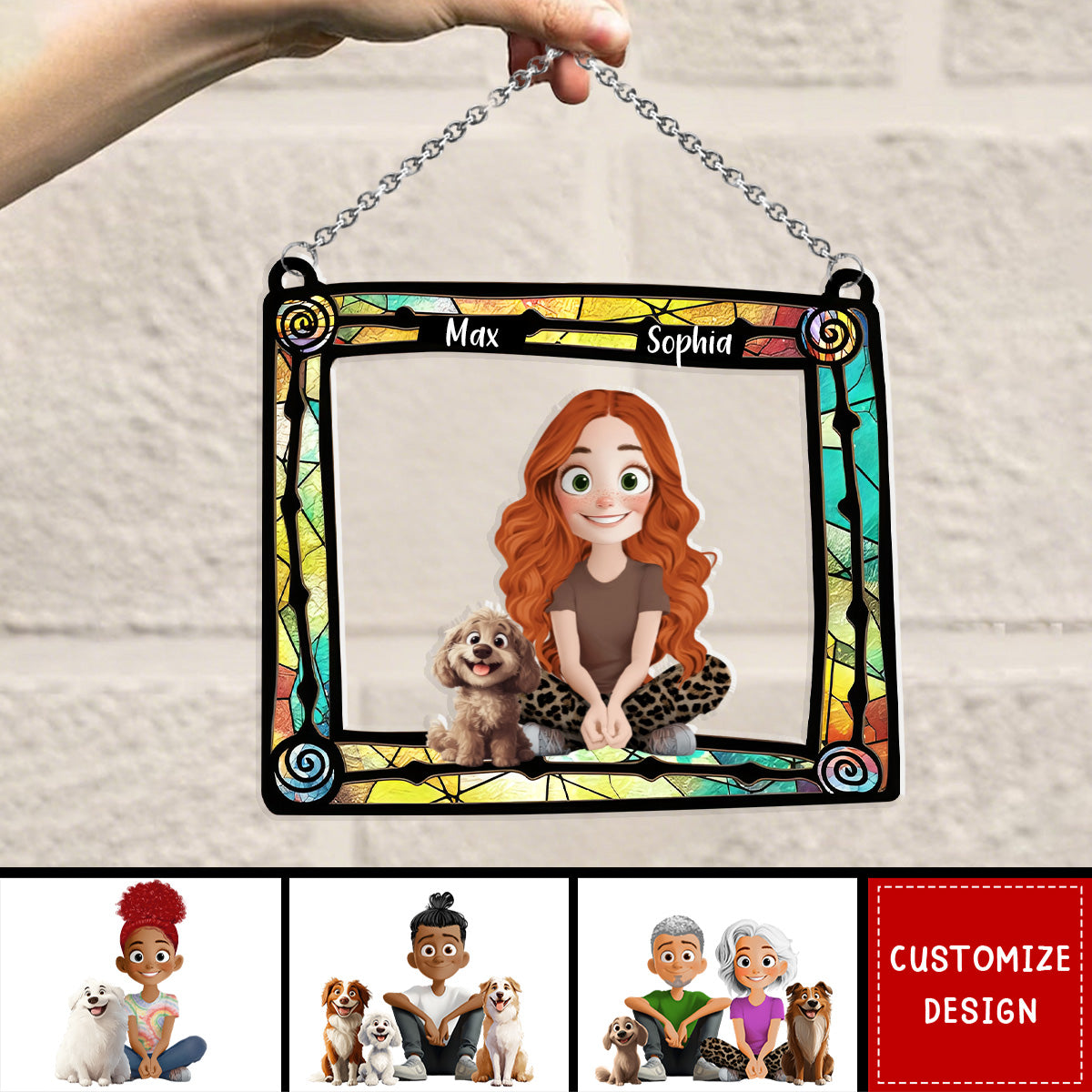 Cute Cartoon Couple And Dogs-Personalized Window Hanging Suncatcher Ornament