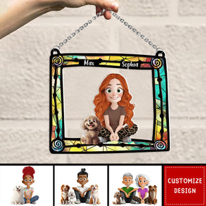 Cute Cartoon Couple And Dogs-Personalized Window Hanging Suncatcher Ornament