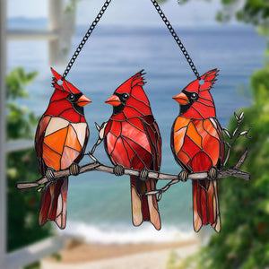 Three Red Cardinal Window Hanging Suncatcher Ornament Gift For Bird Lovers