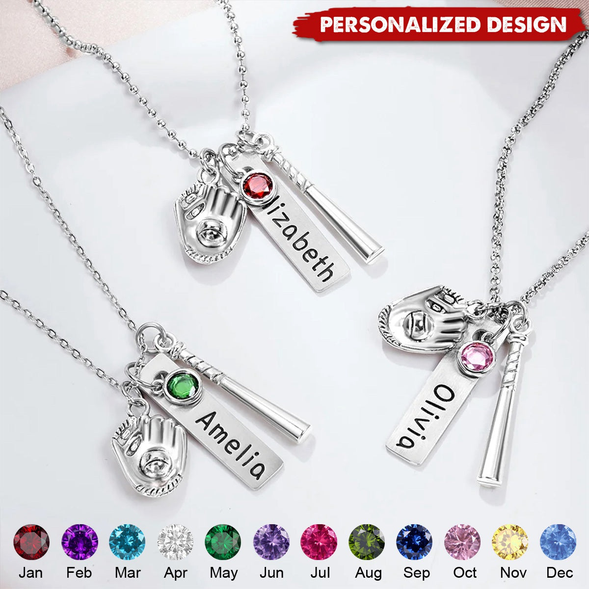 Personalized Birthstone Softball Baseball Bat Glove Necklace