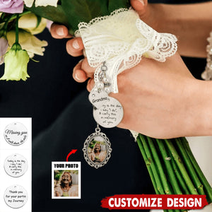 Personalized Lace Oval Photo Bouquet Charm With Heart Engraved Pendant - Memorial Wedding Gift for Bride