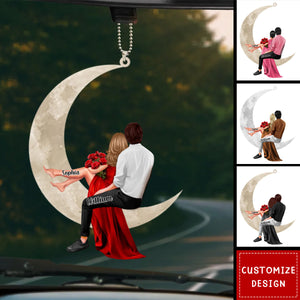 Couple sitting on the moon Personalized Acrylic Car Ornaments - Gift For Wife,Husband,Anniversary