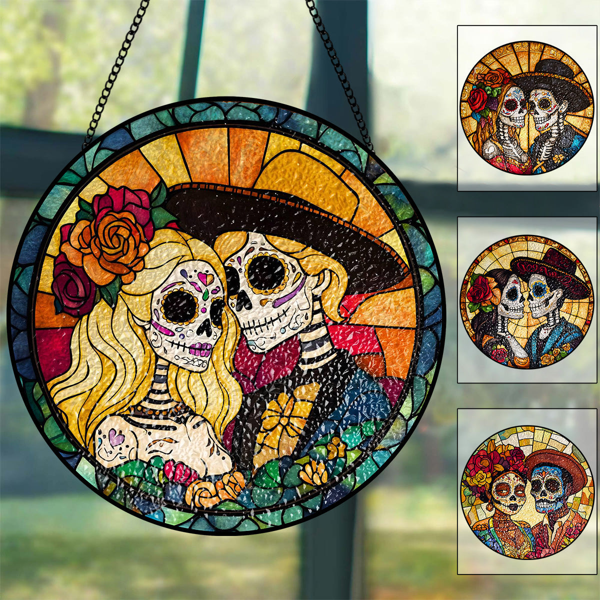 Day of the Dead Sugar Skull Stained Suncatcher Ornament - Gift For Couple