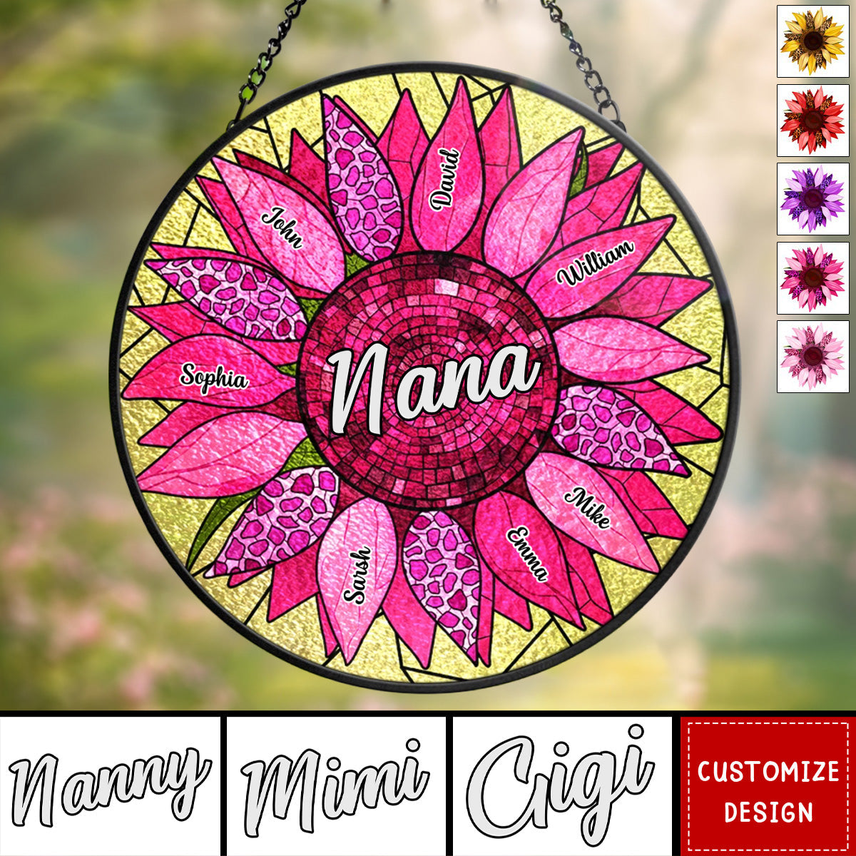 Nana Auntie Mom Family Sunflower - Personalized Stained Glass Window Hanging Suncatcher