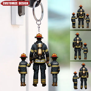 Firefighter Dad And Kids - Personalized Acrylic Keychain