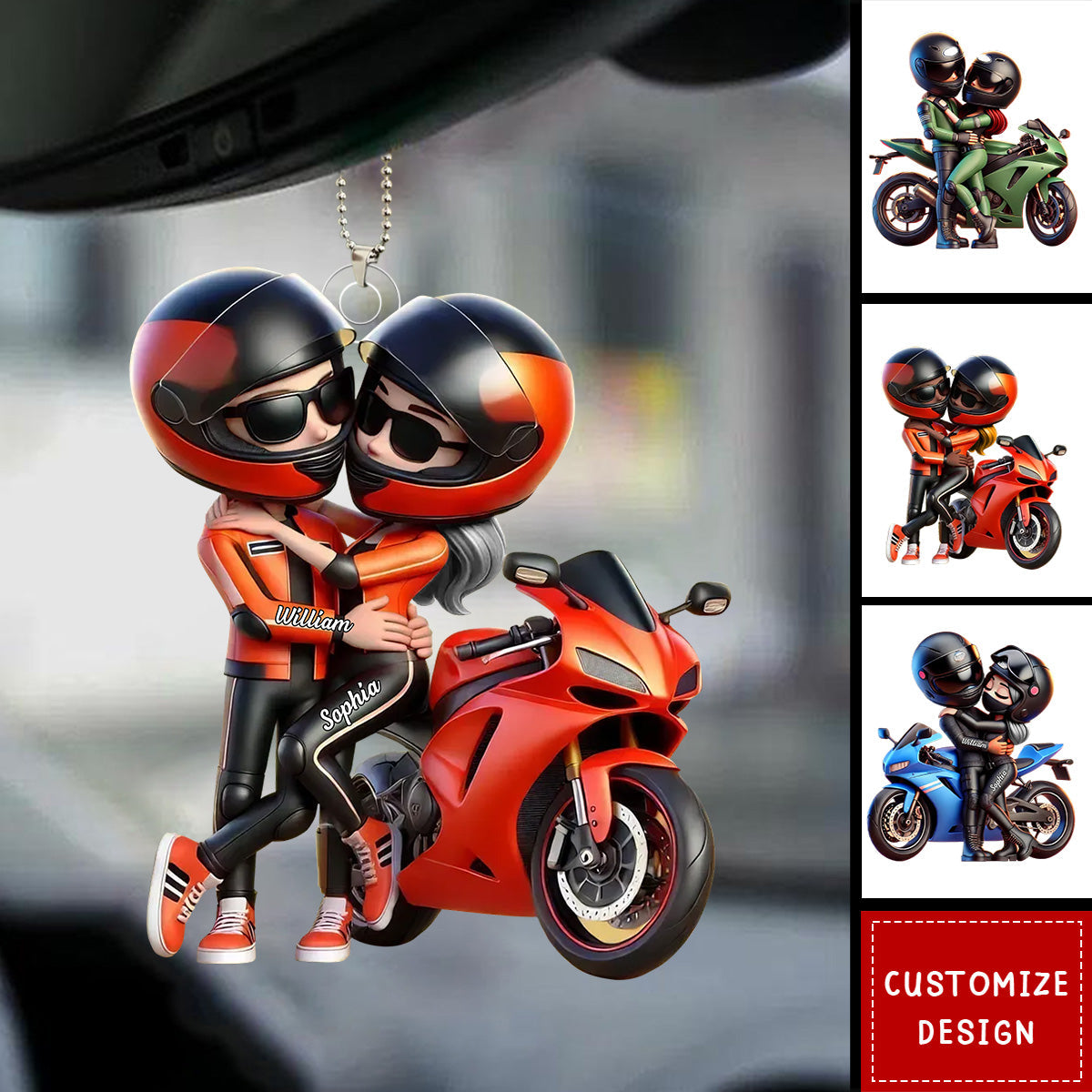 Motorcycle Pretty Cartoon Couple-Personalized Acrylic Car Ornament-Gift For Him, For Biker Couple