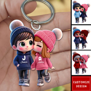 Cute Cartoon Couple Walking Personalized Acrylic Keychain-Gift For Couple