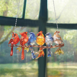 Six Little Bird on Branch - Window Hanging Suncatcher