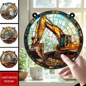 Excavator At Work Personalized Suncatcher Ornament