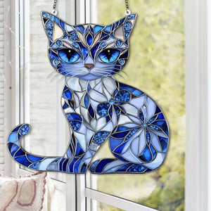 Blue & White Cat Suncatcher Ornament - Gift For Cat Lovers