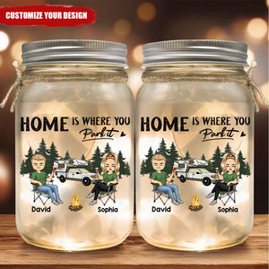 Camping Partners For Life Doll Couple Sitting-Personalized RV Mason Jar Light-Gift For Camping Lovers