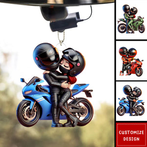 Motorcycle Pretty Cartoon Couple-Personalized Acrylic Car Ornament-Gift For Him, For Biker Couple