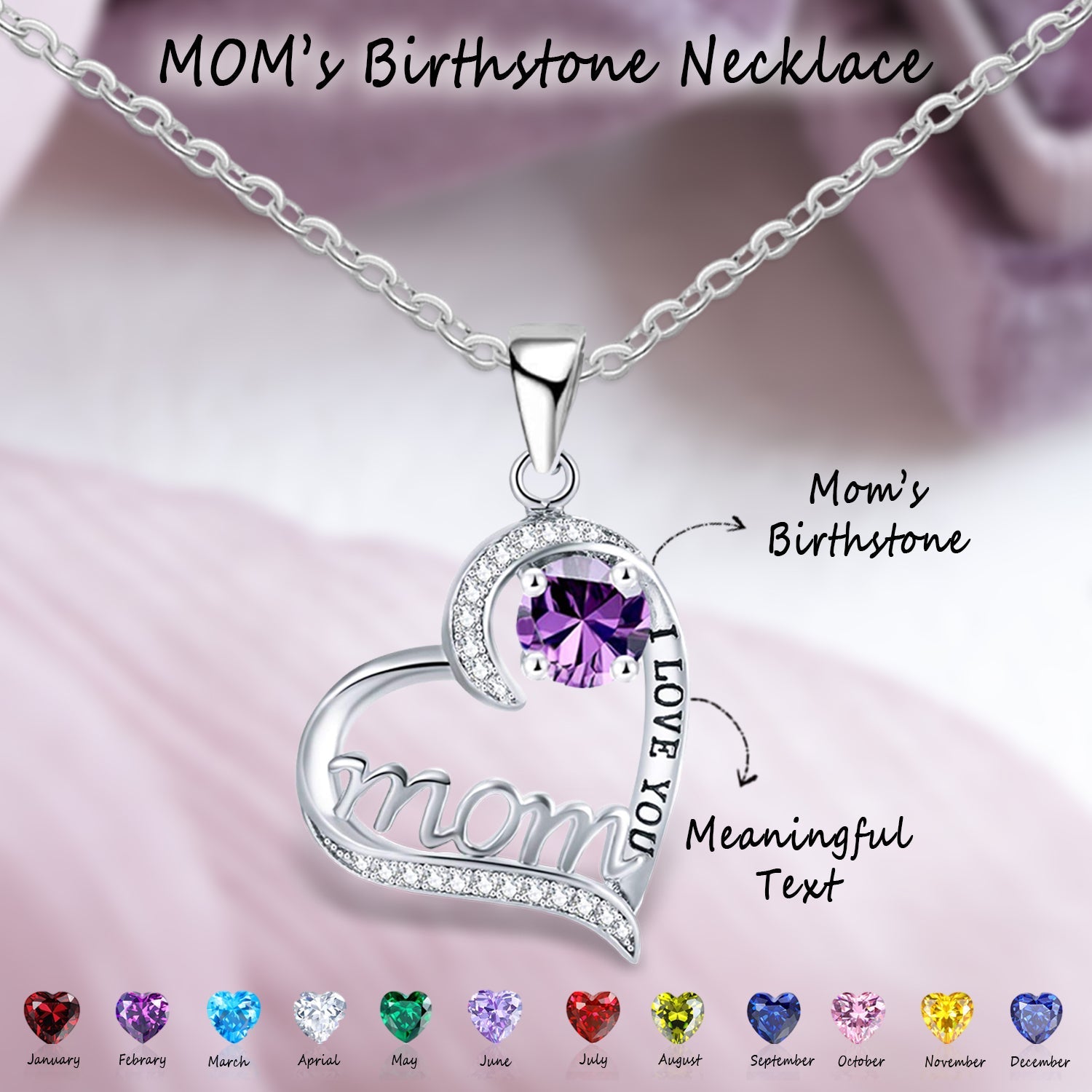 I Love You Mom Love Heart Personalized Birthstones Necklace-Mother's Day Gift