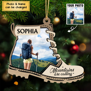 2024 New Release - Mountains Are Calling - Personalized Christmas Photo Upload Gifts Custom Wooden Ornament for Hiking Lovers