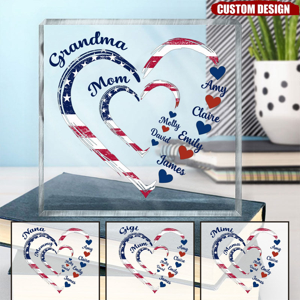 4th of July Grandma Mom Kids Heart In Heart - Personalized Square Shaped Acrylic Plaque