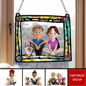 Cute Cartoon Couple And Dogs-Personalized Window Hanging Suncatcher Ornament