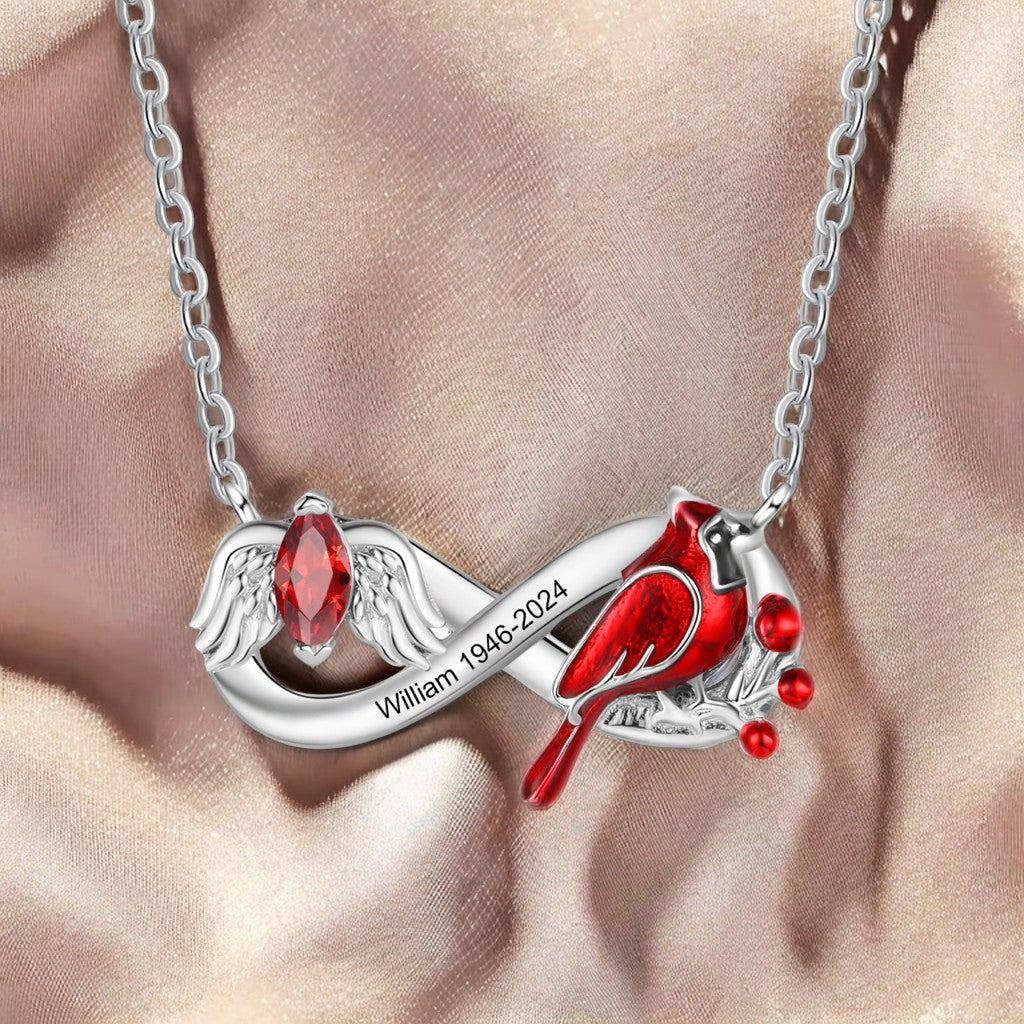 Personalised Angel Wing Cardinal Memorial Birthstone Infinity Necklace