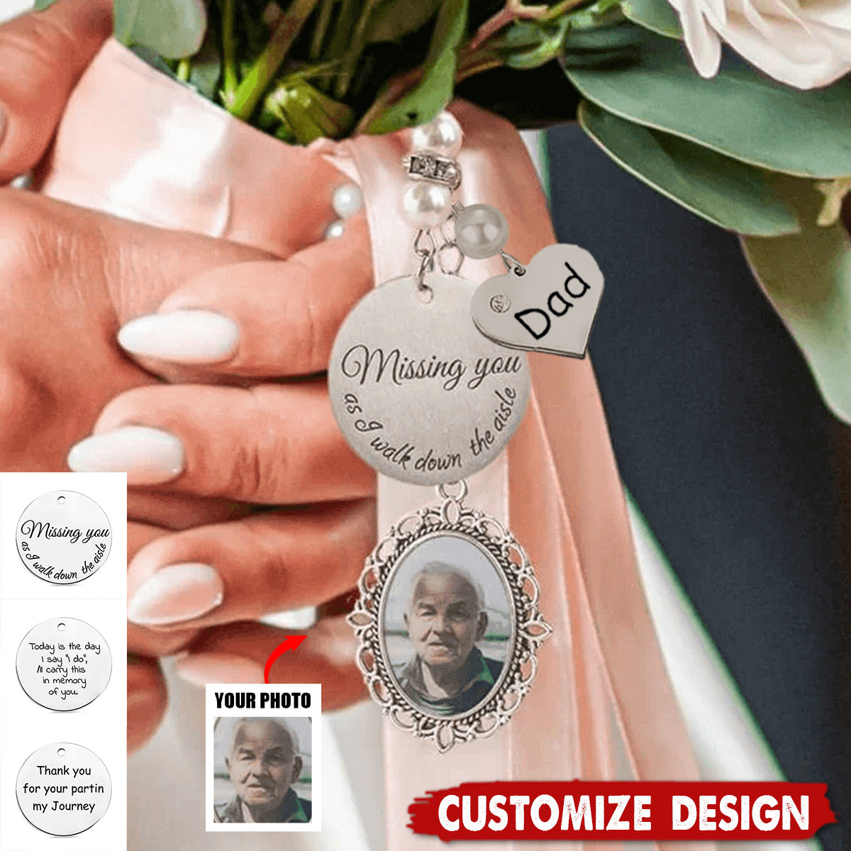 Personalized Lace Oval Photo Bouquet Charm With Heart Engraved Pendant - Memorial Wedding Gift for Bride