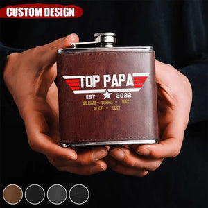 Personalized Papa Leather Flask - Up to 12 Children - Gift Idea for Dad/Grandpa