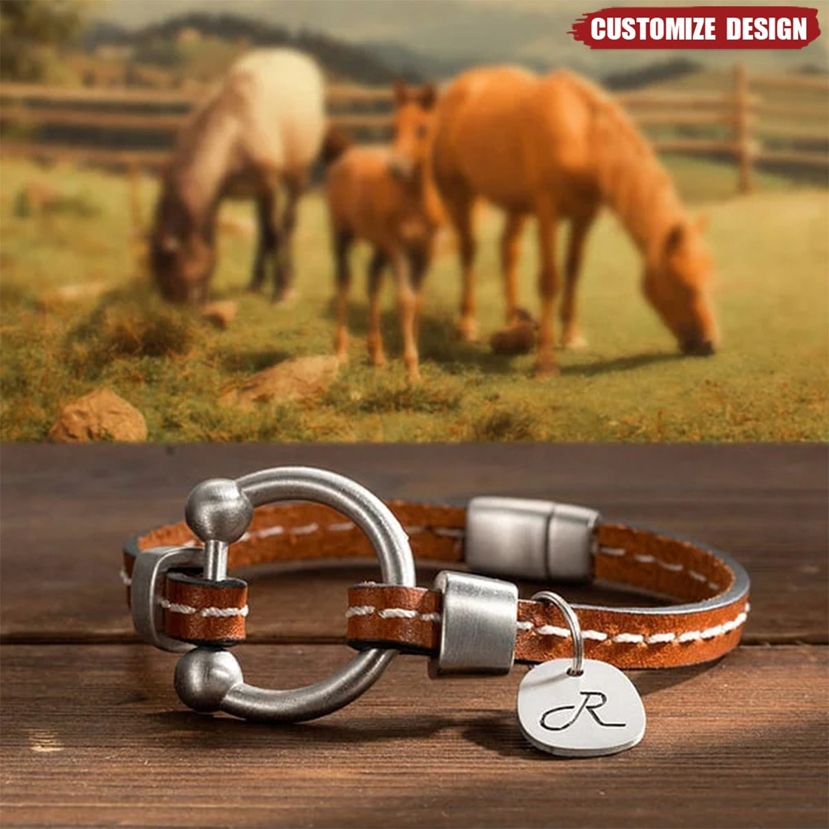 Personalized Equestrian Horsebit Leather Magnetic Bracelet with Name