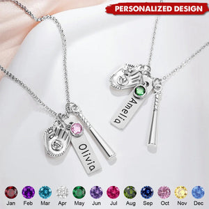 Personalized Birthstone Softball Baseball Bat Glove Necklace