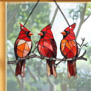 Three Red Cardinal Window Hanging Suncatcher Ornament Gift For Bird Lovers