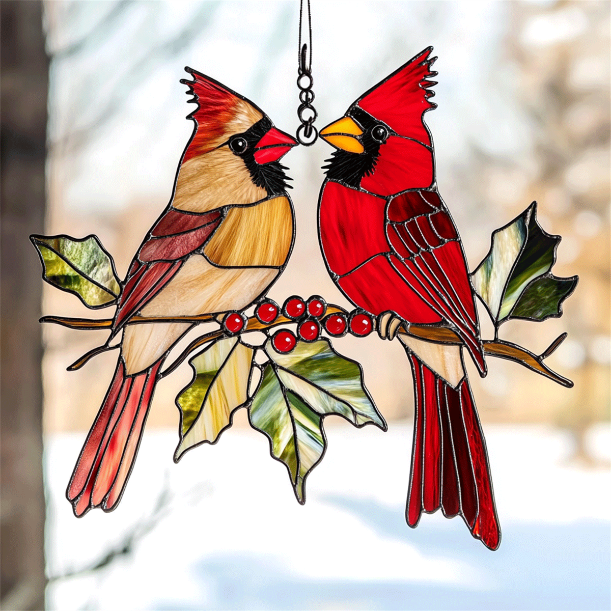 Winter Redbird Radiance - Window Hanging Suncatcher