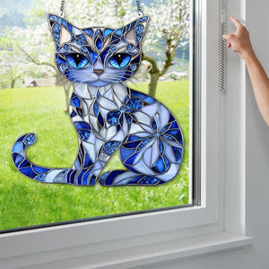 Blue & White Cat Suncatcher Ornament - Gift For Cat Lovers