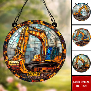 Excavator At Work Personalized Suncatcher Ornament