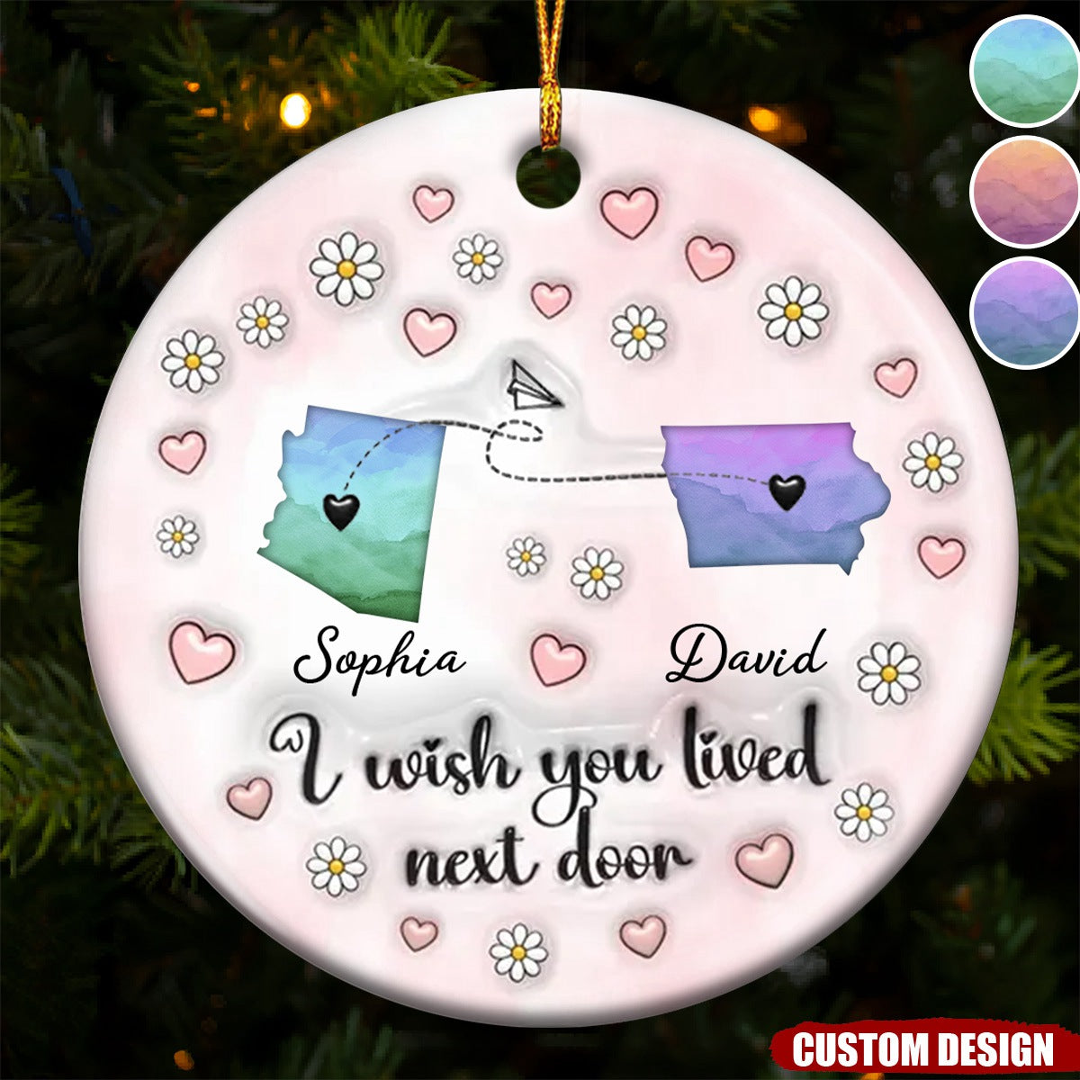 2024 New Release - Side By Side Or Miles Apart - Personalized 3D Inflated Effect Colorful Ceramic Ornament, Gift For Sister, Family