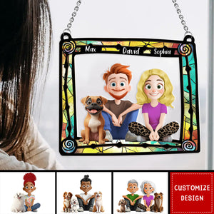 Cute Cartoon Couple And Dogs-Personalized Window Hanging Suncatcher Ornament