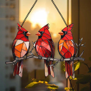 Three Red Cardinal Window Hanging Suncatcher Ornament Gift For Bird Lovers