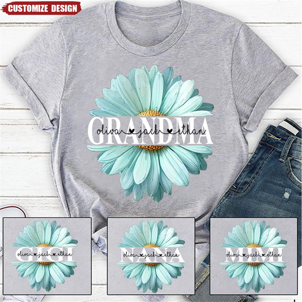 Mom Grandma Flower Daisy Color And Kids T-Shirt
