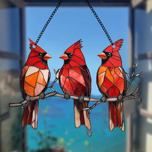 Three Red Cardinal Window Hanging Suncatcher Ornament Gift For Bird Lovers