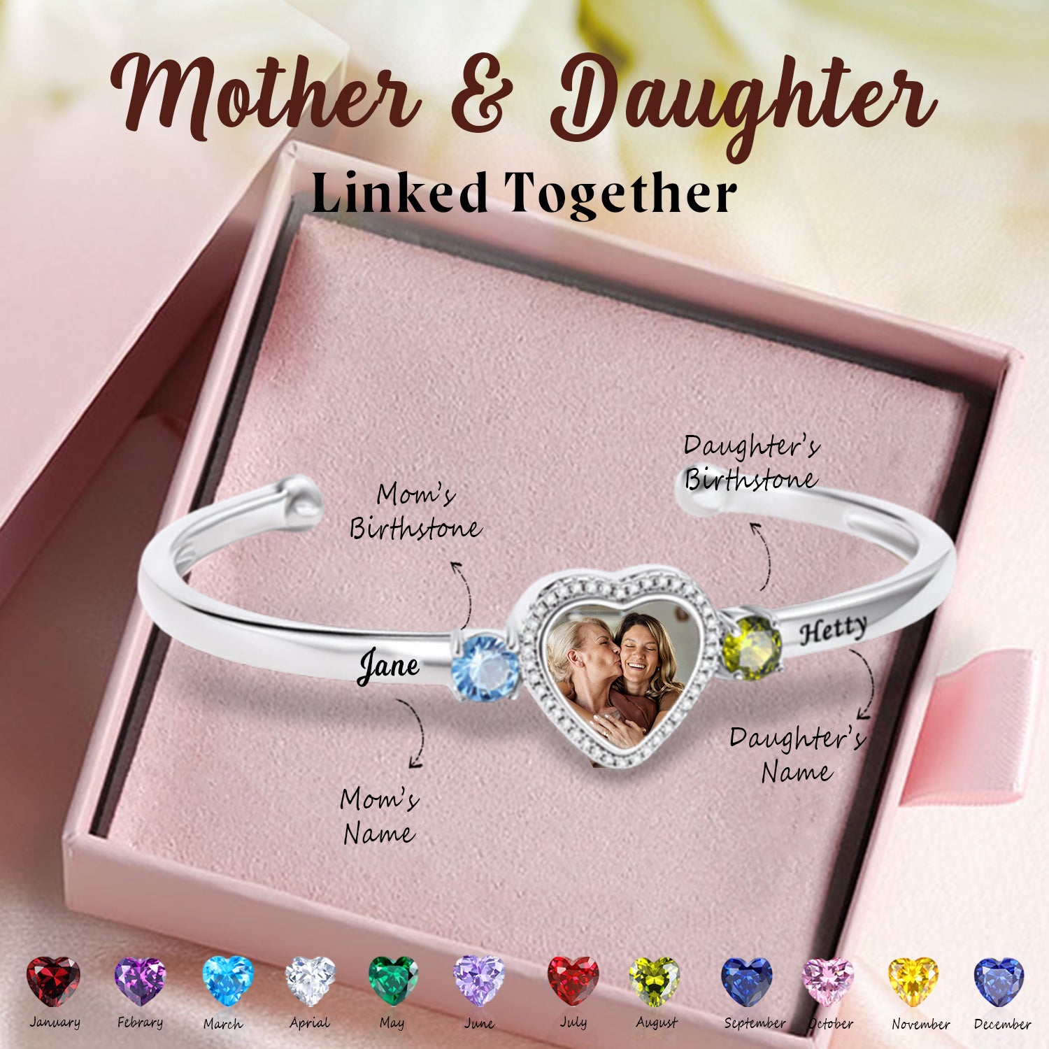 Personalized Heart Birthstone Bracelet-Gift For Mother & Daughter