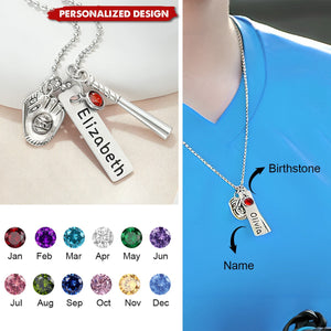 Personalized Birthstone Softball Baseball Bat Glove Necklace