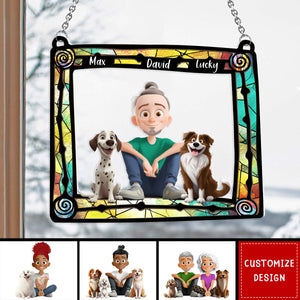 Cute Cartoon Couple And Dogs-Personalized Window Hanging Suncatcher Ornament