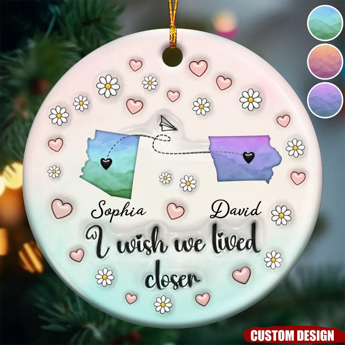 2024 New Release - Side By Side Or Miles Apart - Personalized 3D Inflated Effect Colorful Ceramic Ornament, Gift For Sister, Family