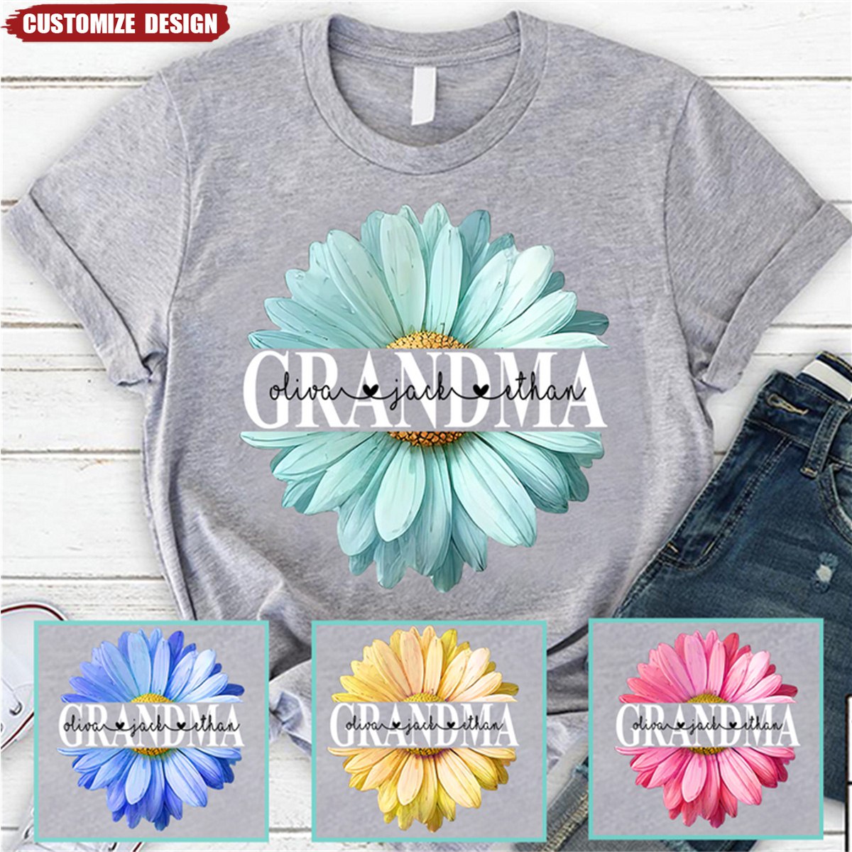 Mom Grandma Flower Daisy Color And Kids T-Shirt