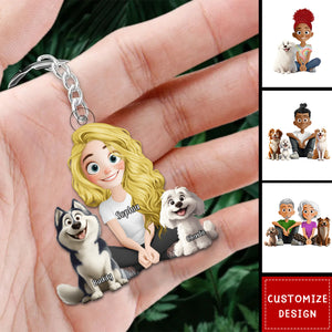 Personalized Cute Cartoon Couple And Dogs Acrylic Keychain-Gift For Dog Lovers, Couple