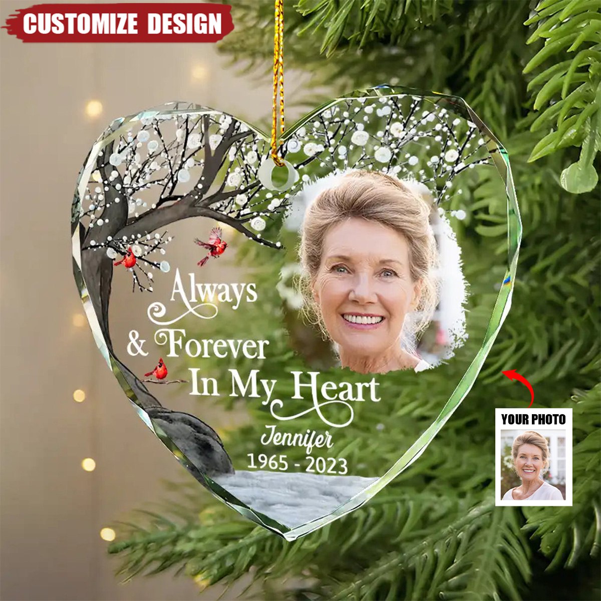 Custom Photo Always And Forever In Our Hearts Memorial - Personalized Heart Shaped Glass Ornament - 2024 New Release