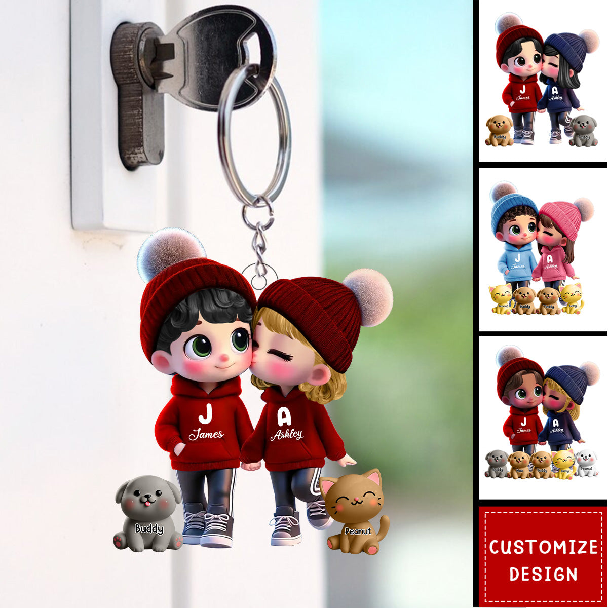 Cute Cartoon Couple You Me And The Dog Cat Personalized Acrylic Keychain-Gift For Couple