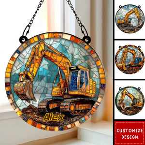 Excavator At Work Personalized Suncatcher Ornament