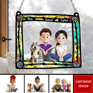 Cute Cartoon Couple And Dogs-Personalized Window Hanging Suncatcher Ornament