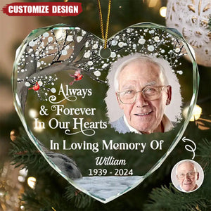 Custom Photo Always And Forever In Our Hearts Memorial - Personalized Heart Shaped Glass Ornament - 2024 New Release