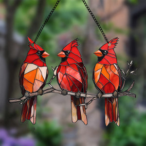 Three Red Cardinal Window Hanging Suncatcher Ornament Gift For Bird Lovers