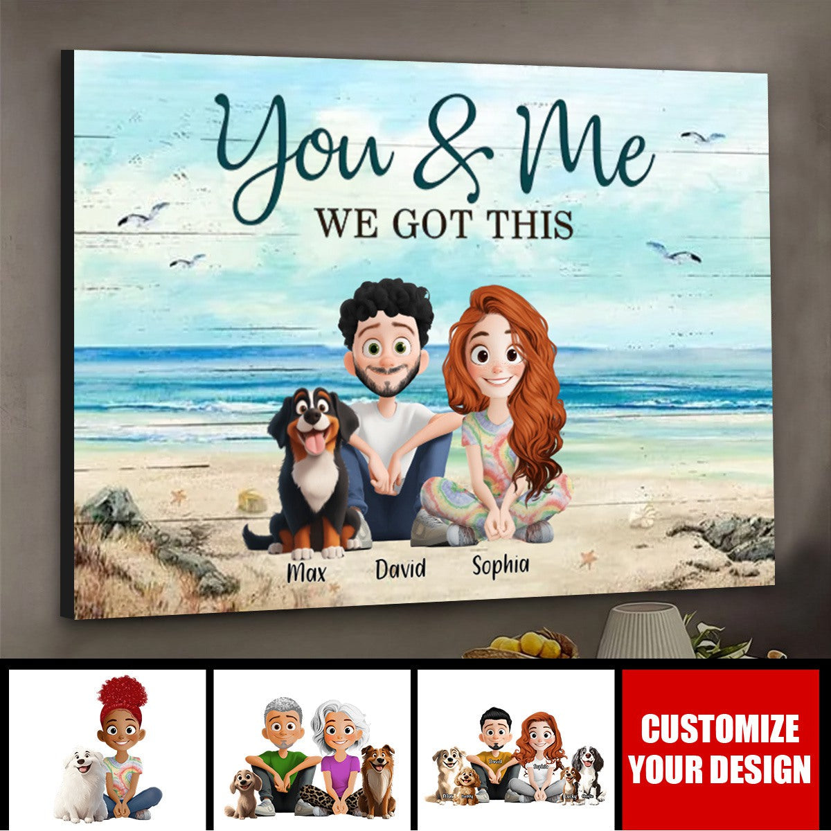 Personalized Cute Cartoon Couple And Dogs You & Me We Got This Personalized Horizontal Poster