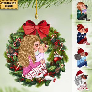 2024 New Release Grandma Mom Hugging Kid Sitting On Christmas Wreath-Personalized Acrylic Ornament